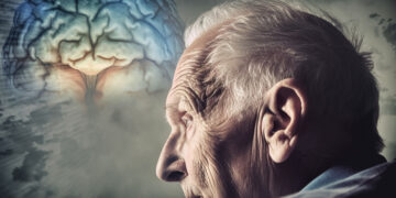 Senior man in profile with a translucent brain illustration in the background, suggesting brain health or cognitive aging