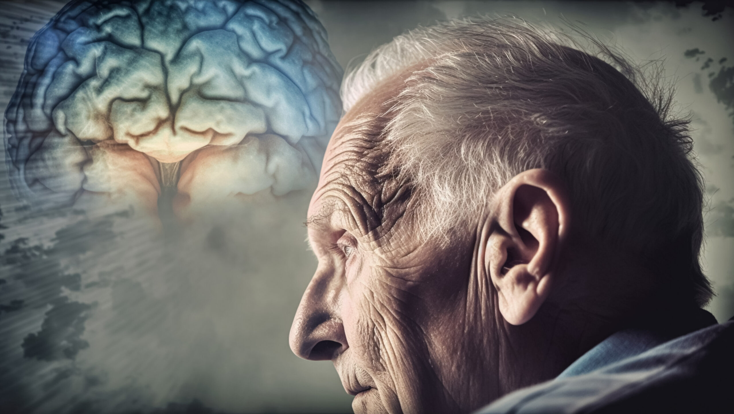 Senior man in profile with a translucent brain illustration in the background suggesting brain health or cognitive aging