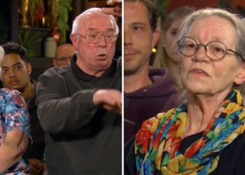 Split screen of two older guests on a talk show panel left shows a gray haired woman in a floral blouse and a man gesturing right shows a gray haired woman with glasses and a bright scarf