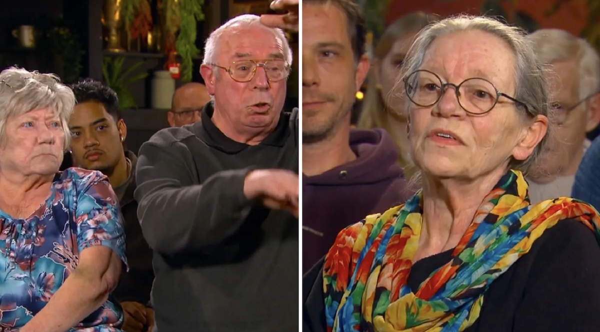 Split screen of two older guests on a talk show panel left shows a gray haired woman in a floral blouse and a man gesturing right shows a gray haired woman with glasses and a bright scarf