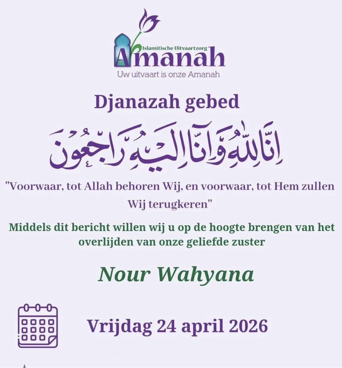 Poster announcing djazazah prayer for nour wahyana with islamic charity amanah logo and date fri 24 april 2026