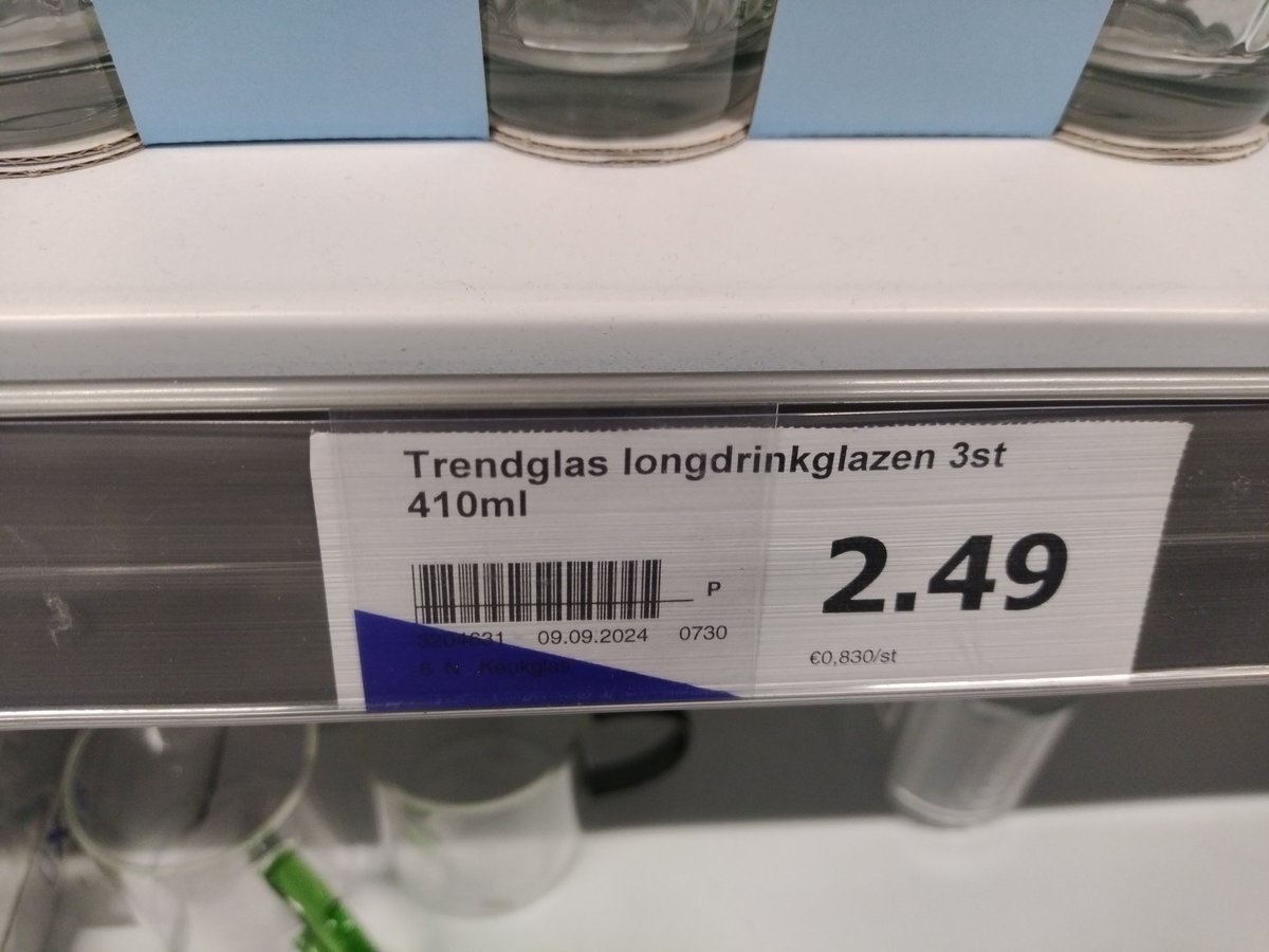 Label for trendglas longdrink glasses 410 ml 3 pieces price 2 49 € with barcode visible on shelf edge