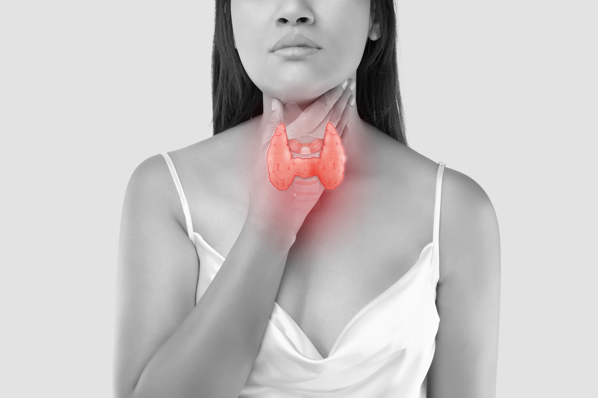 Woman pressing her throat with a highlighted red thyroid gland to indicate thyroid pain or disease