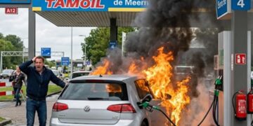 Car at a TAMOIL gas station on fire with large flames and black smoke; a man looks shocked beside a silver hatchback as a fuel hose remains attached.