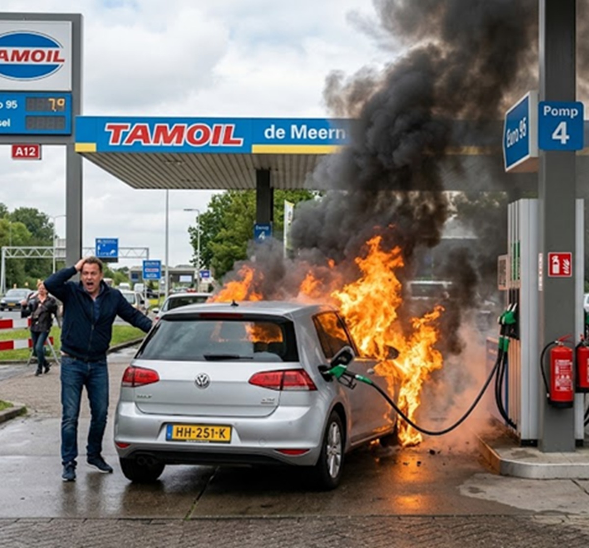 Car at a tamoil gas station on fire with large flames and black smoke a man looks shocked beside a silver hatchback as a fuel hose remains attached