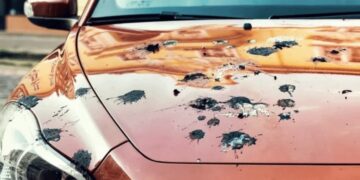 Orange car hood with numerous dark impact marks and scratches suggesting major damage to the front of the vehicle including the headlight area nearby