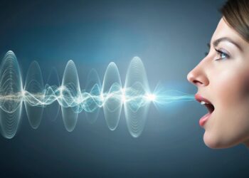 Side profile of a woman with mouth open emitting glowing audio waves toward the left