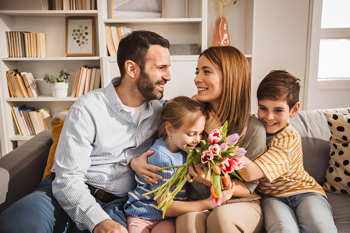 Family of four sits on a living room sofa, smiling as they hold a bouquet of pink flowers at center.