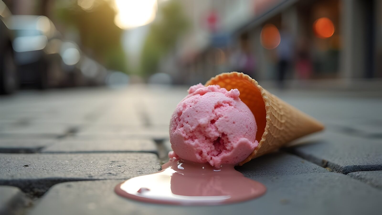 Ice cream cone spilled on a city street.